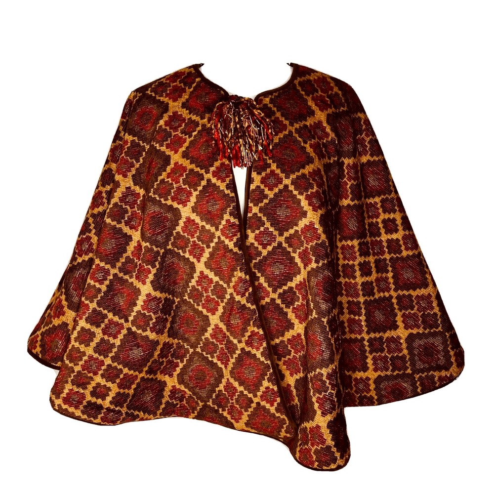 Unbranded Tapestry Cape Womens OS Brown Reversible Geometric Tassel‎ Vintage